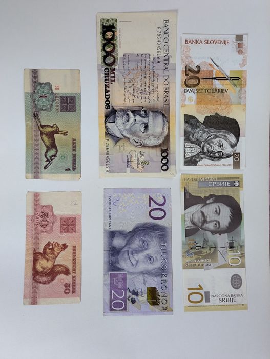 Купюры: Литвы,Словении,Сербии,Бразилии,Швеции,Белоруссии,СССР,России.