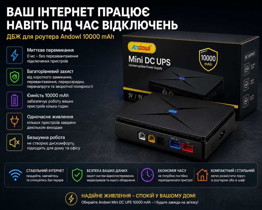 Міні ДБЖ для роутера Andowl 10000 mAh 5V 9V 12V | UPS безперебійник