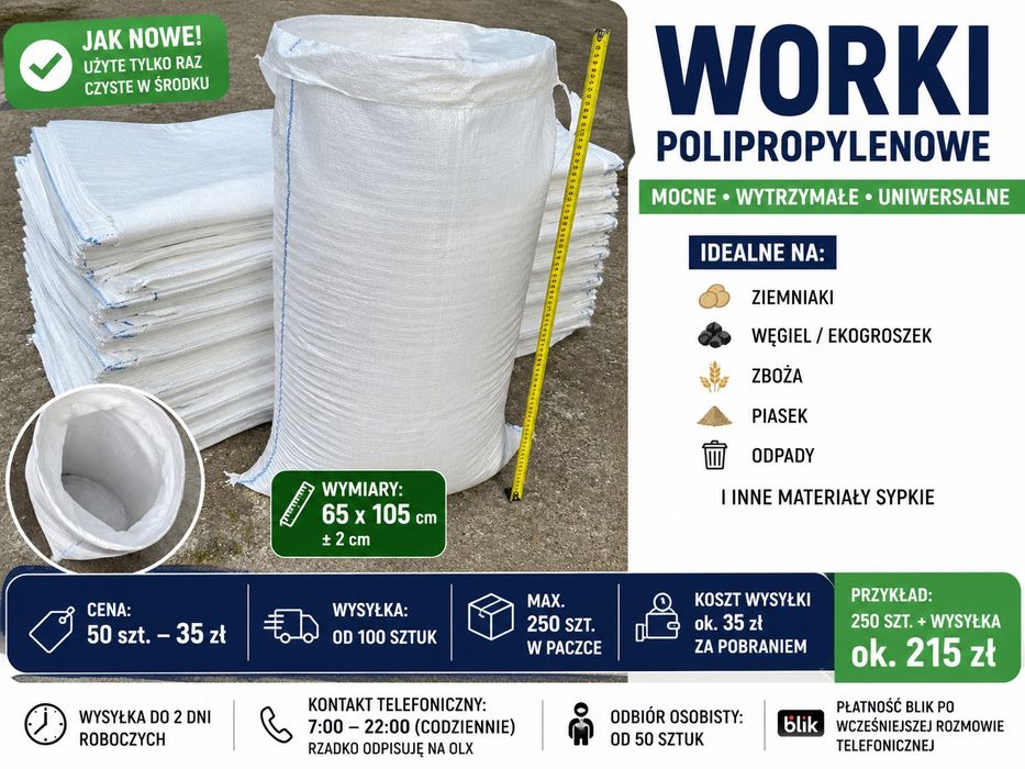 Worki PP 65×105 mocne – na węgiel, zboże, ziemniaki | tanio | duża ilość