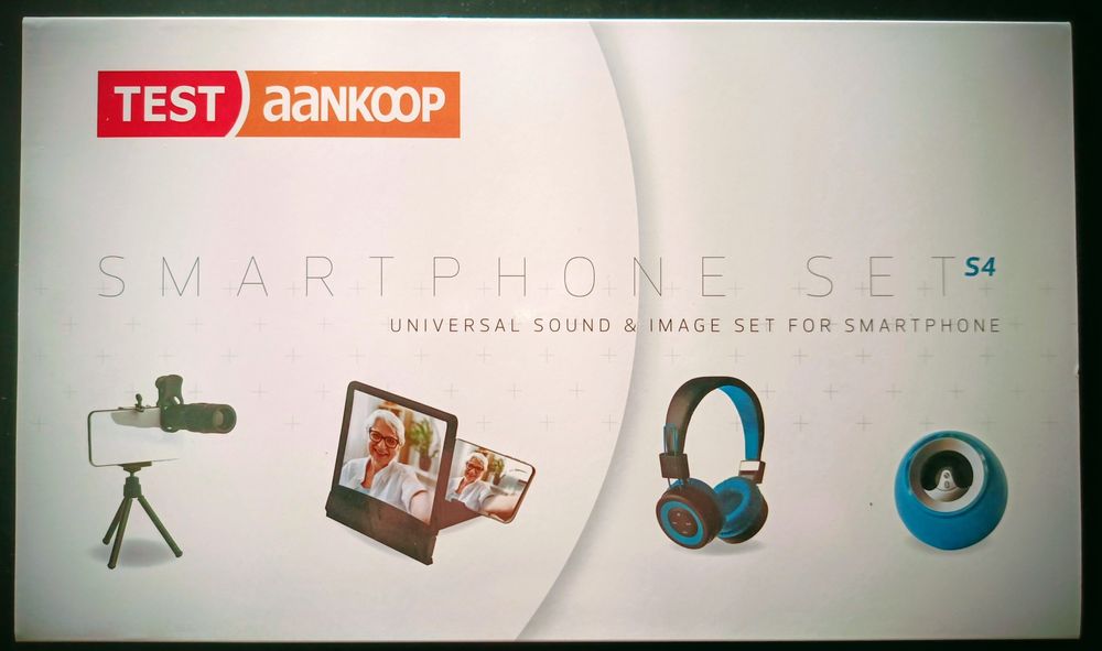 Conjunto Headphones, coluna BT, Ecrã aumentado e tripé com lente