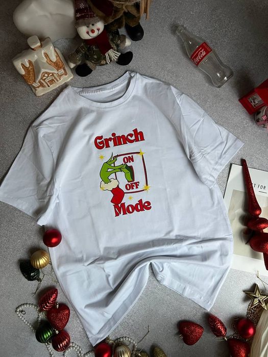 Новорічні оверсайз футболки з Грінчем, біла футболка Grinch mode