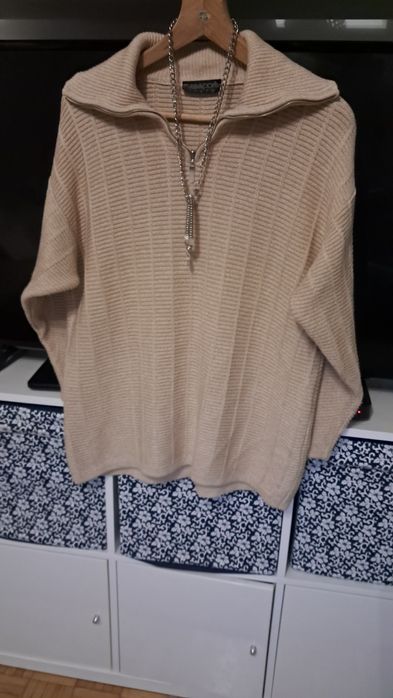 Sweter beżowy Passport r.XL rozpinany kołnierz,  bawełna, prążek