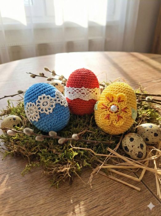 Pisanki ozdobione szydełkiem