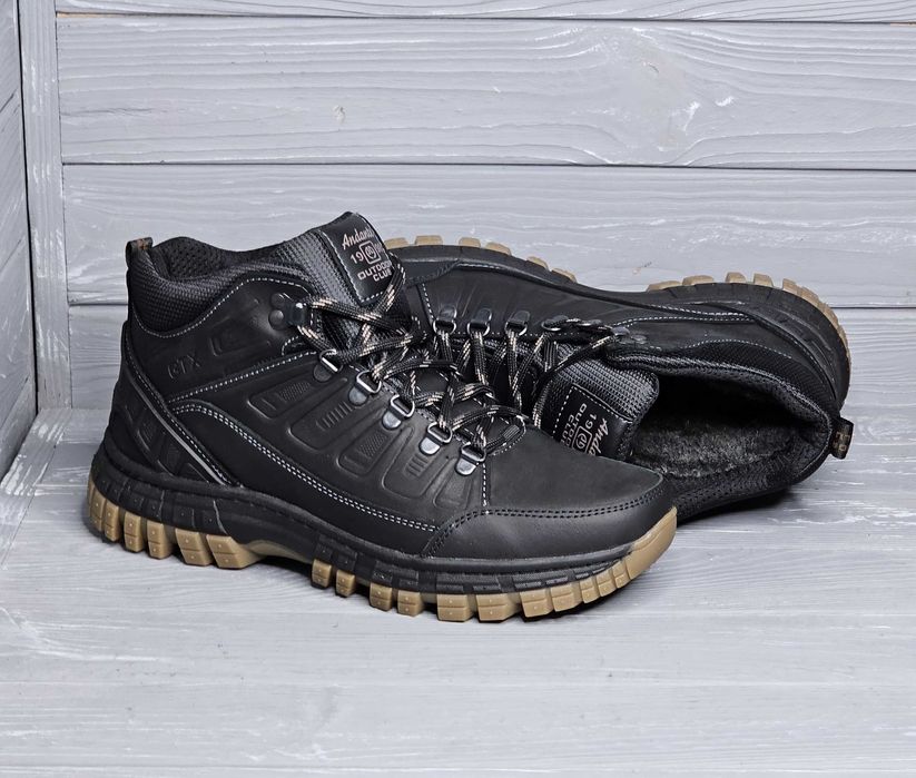 Мужские кожаные черные коричневые зимние прошитые ботинки / кроссовки!