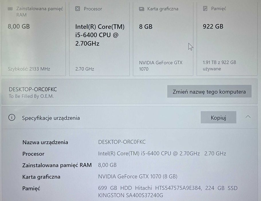 Komputer Gamingowy GTX 1070 8GB i5 SSD / Gotowy do grania