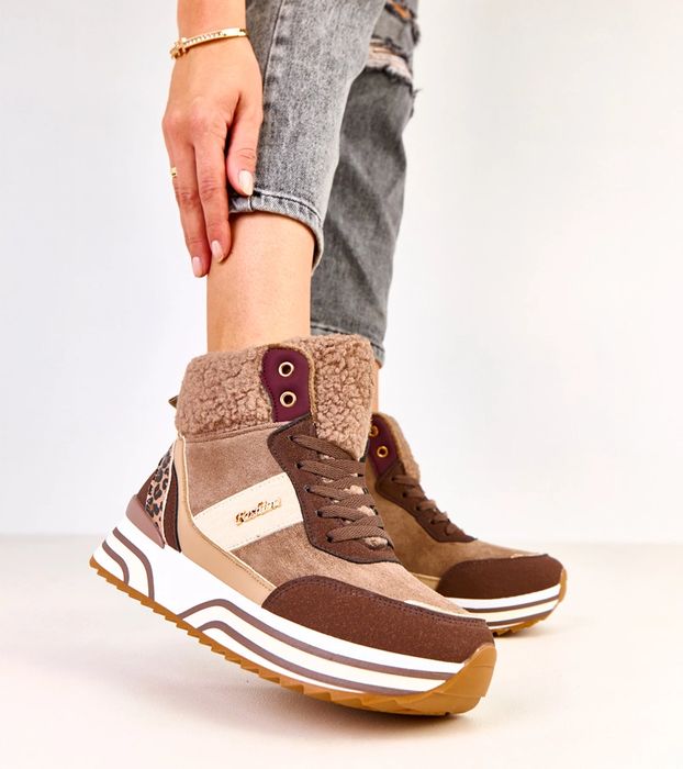 Brązowe sneakersy wysokie ocieplane z kożuszkiem Mirasen