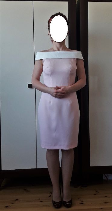 Sukienka koktajlowa, elegancka - różowa biała, rozm. S-wesele, komunia