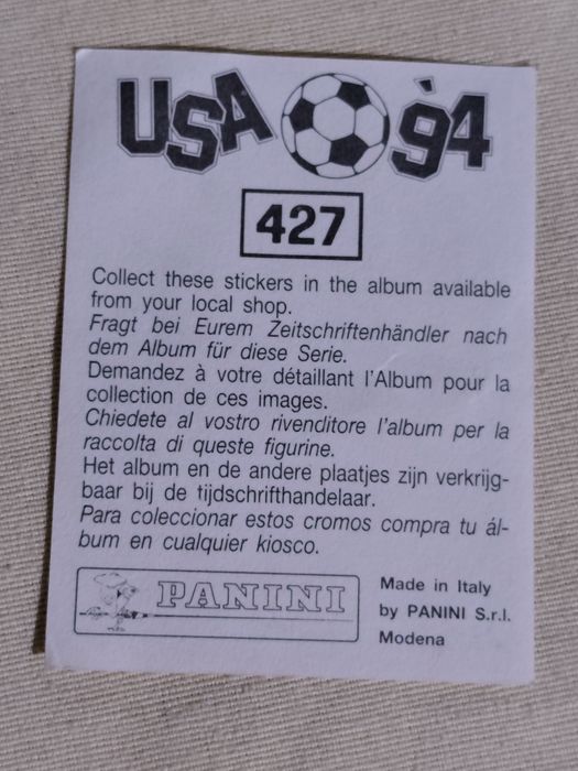 Cromo  neerlandês Ruud Gullit, especificamente  número 427 da coleção Panini World Cup 1994 alusivo ao Campeonato do Mundo de Futebol de USA '94.