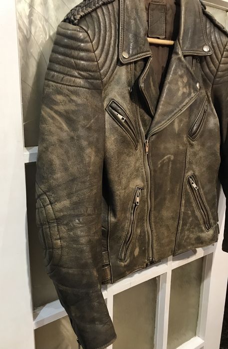 Вінтажна шкіряна куртка косуха з потертостями панк гранж стиль