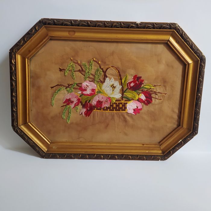 Obraz haftowany na jedwabiu XIX wiek