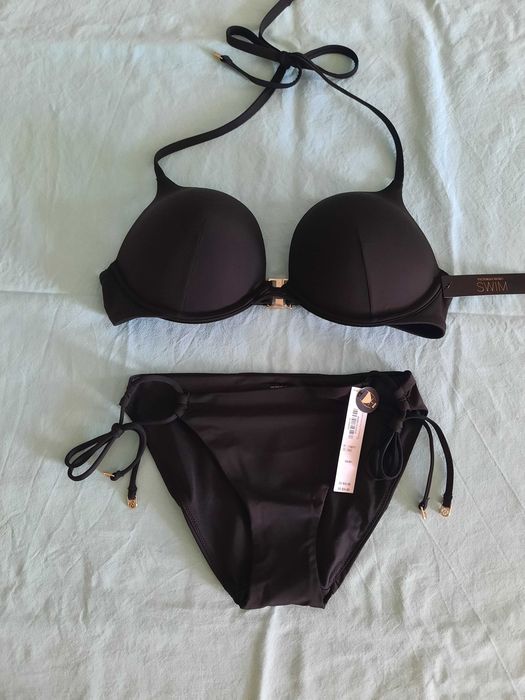 Черный купальник Victoria's secret бомбшелл двойной пуш-ап bombshell S M с пушапом бандо 75С 75В 80А со стразами 85F 80F стринги розовый хаки портупея