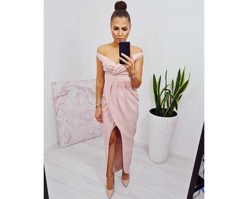 Sukienka długa rozporek marszczenia tulipan rybka pudrowy róż S 36