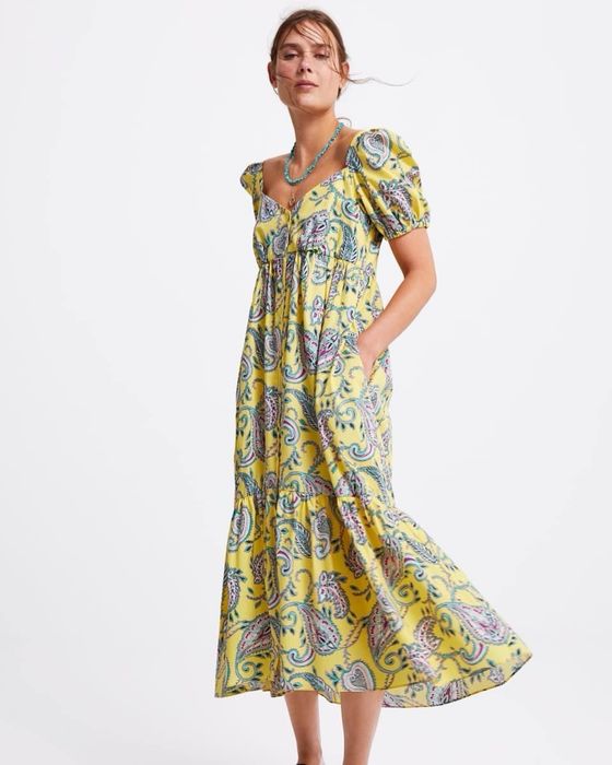 Шикарное платье zara, длинное, s m макси, катон вискоза, летнее жёлтое с узорами, рукава фонарики, для беременных, новое лёгкое воздушное сукня зара