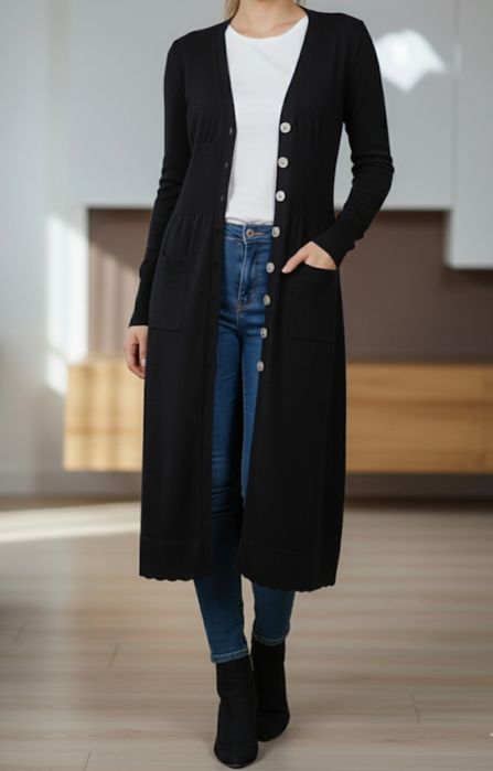 Długi, czarny sweter,kardigan