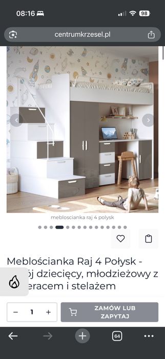 Łóżko piętrowe z biurkiem, szafą i schodami z szufladami – stan  dobry