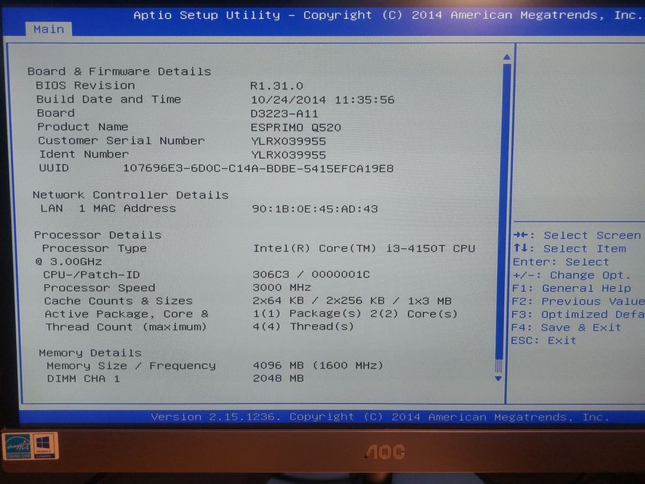 Міні П.К Fujitsu Esprimo Q520, i3 4150T, RAM 4 GB
