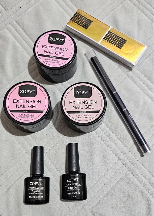 NOWY Kompletny Zestaw do Akrylożelu ZOPVT Extension Nail Gel | 3x Żel, Baza, Top, Akcesoria