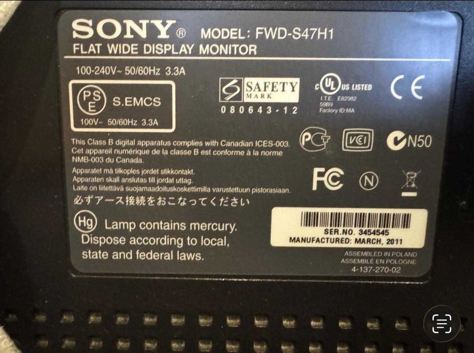 Monitor televisão profissional de 47” SONY FWD S47H1 - FullHD 1080p