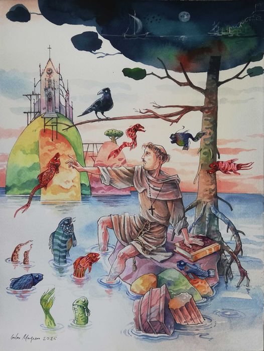 Aguarela . Sermão de S. António aos peixes. Pe. António Vieira