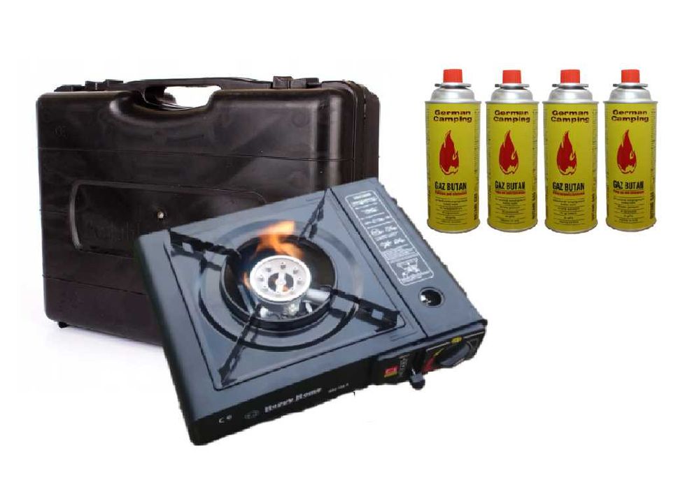 KUCHENKA gazowa turystyczna na kartusze w walizce +4 sztuk GAZ KARTUSZ