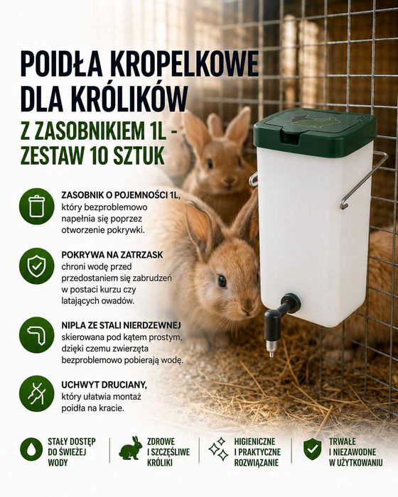 Poidła kropelkowe dla królików z zasobnikiem 1l - zestaw 10 sztuk