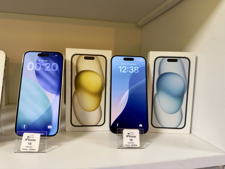 iPhone 15 żółty i błękitny IDEALNY / Pudelko / Gwarancja