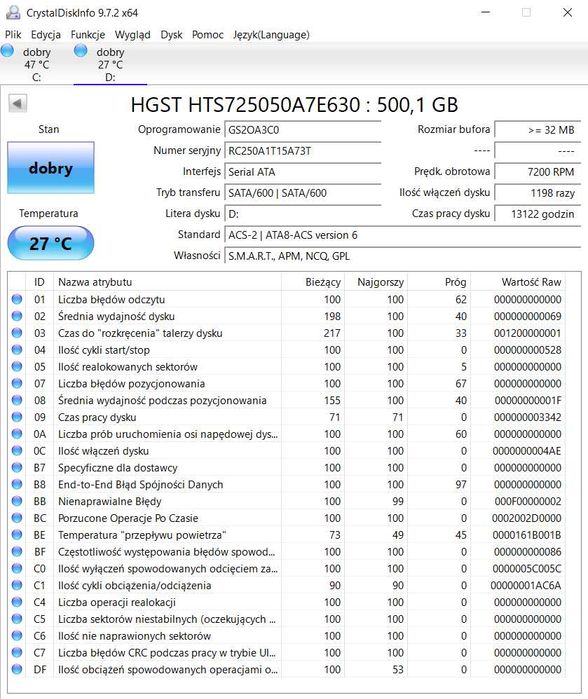 Dysk twardy HDD 2.5" HGST 500 GB