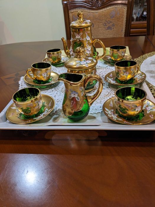 Хрусталь Богемия лепка кофейний сервіз зелений  на 6 персон