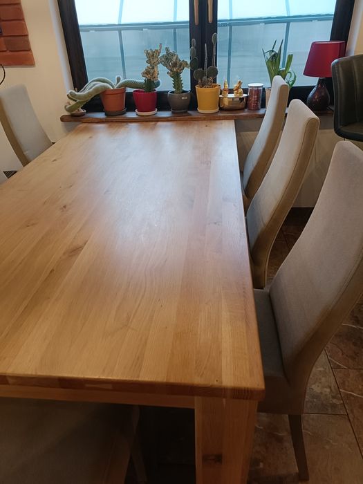 Stół dębowy rozkładany 200–370 cm + 9 krzeseł