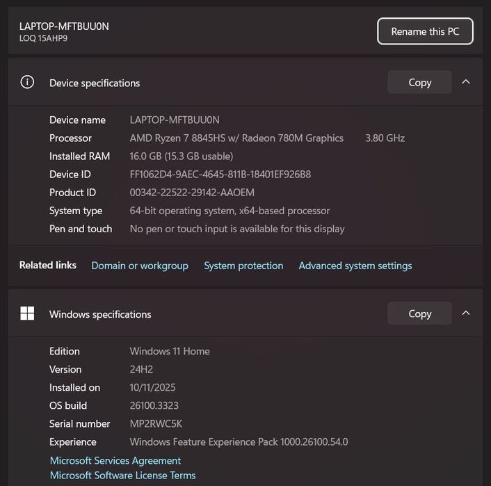 Lenovo LOQ 15 Ryzen 7 8845HS /16 Ram/ 1TB/ 4060/ FHD IPS Hz