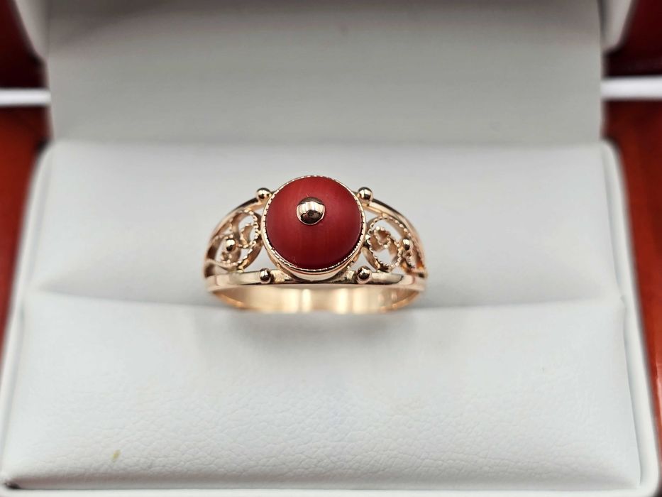 Stary złoty POLSKI pierścionek z koralem koral pr.585 |PLUS Lombard