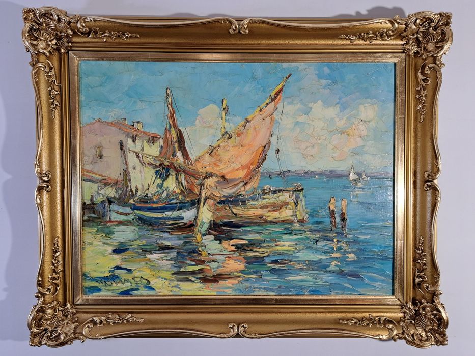 "Scena portowa z żaglówkami" Walter Prescher van Ed. Olej na płótnie