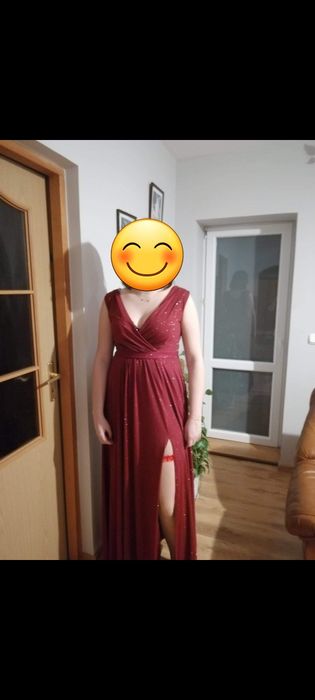 Bordowa długa sukienka na studniówkę L-XL