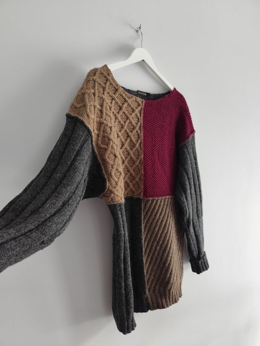 Sweter wełniany alpaka patchwork surowe wykończenia