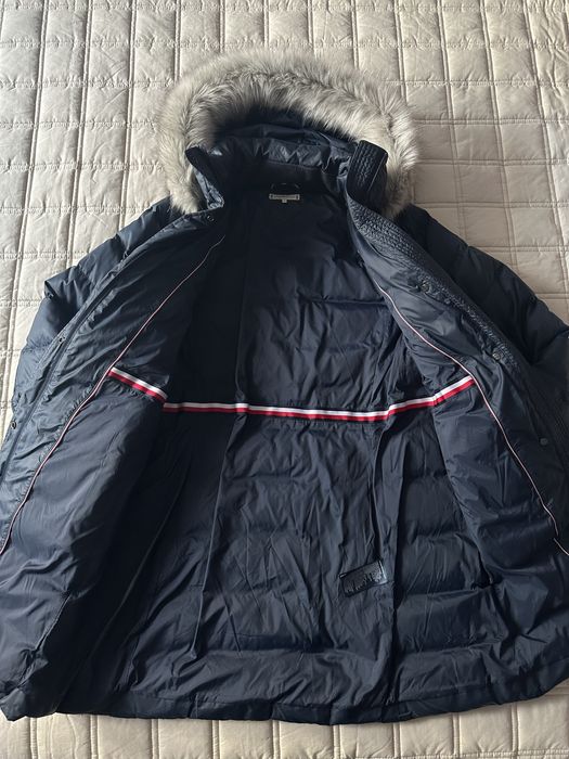 granatowy puchowy pikowany płaszcz kurtka z kapturem Tommy Hilfiger