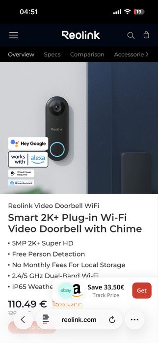 Campainha Inteligente Reolink WiFi 2K+ campainha