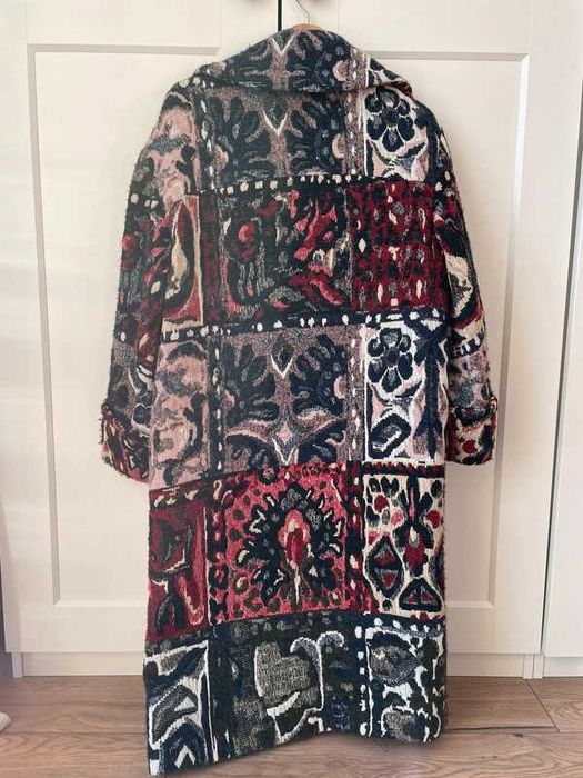 Płaszcz Zara z wełną żakardowy wełniany wzór oversize rozm XS-S