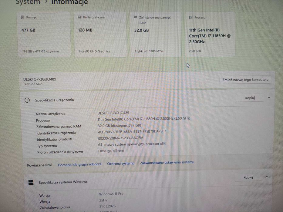 Laptop Dell Latitude 5421 i7 / 32GB / 512GB SSD / Windows 11 Pro / 14" zadbany i elegancki, na komunię szybki, do internetu i gier