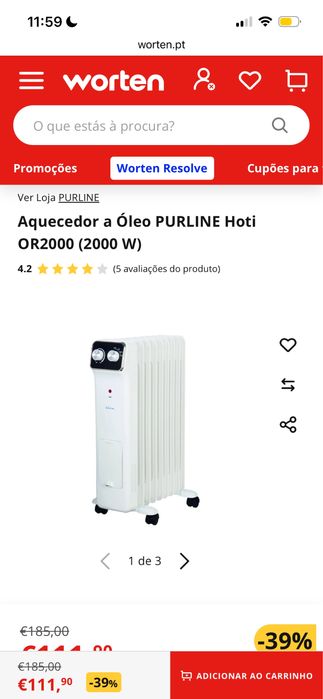 Aquecedor a Óleo PURLINE Hoti OR2000 (2000 W), como novo