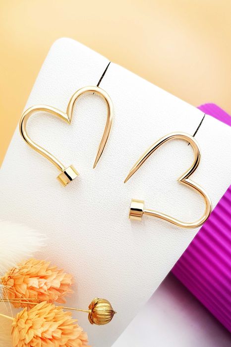 Złote duże kolczyki gwóźdź w kształcie serca pr. 585