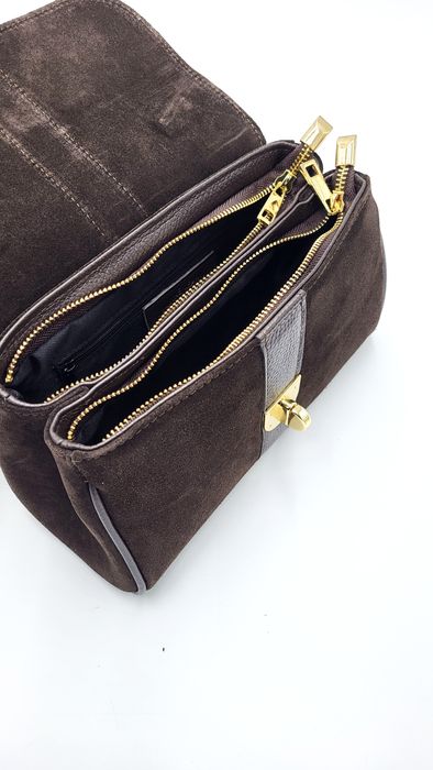 Torebka damska kuferek skóra naturalna zamsz czekoladowy brąz