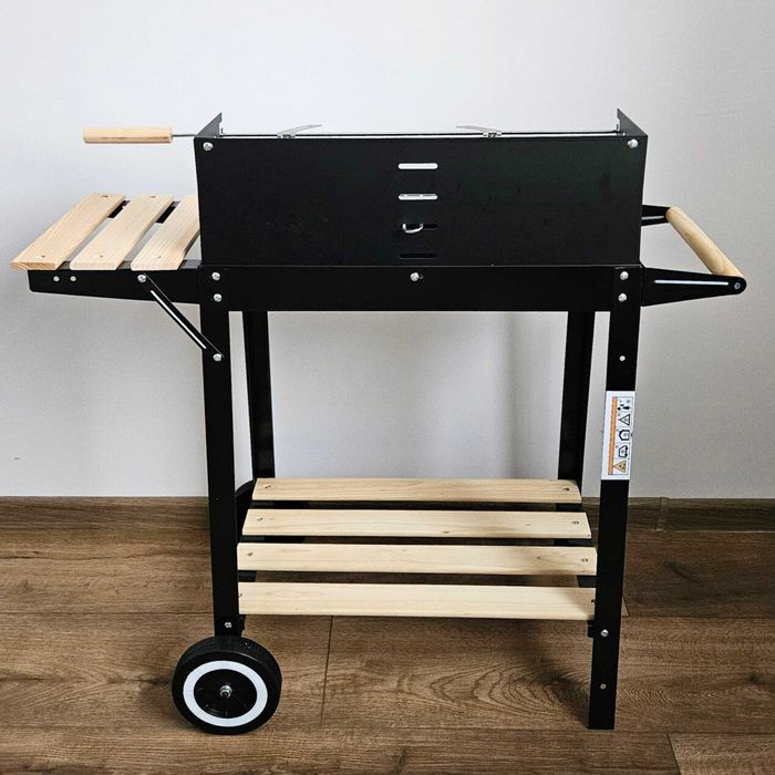 GRILL Węglowy Ogrodowy Na Kółkach Regulowany Rożen BBQ Ruszt 50 x 24cm