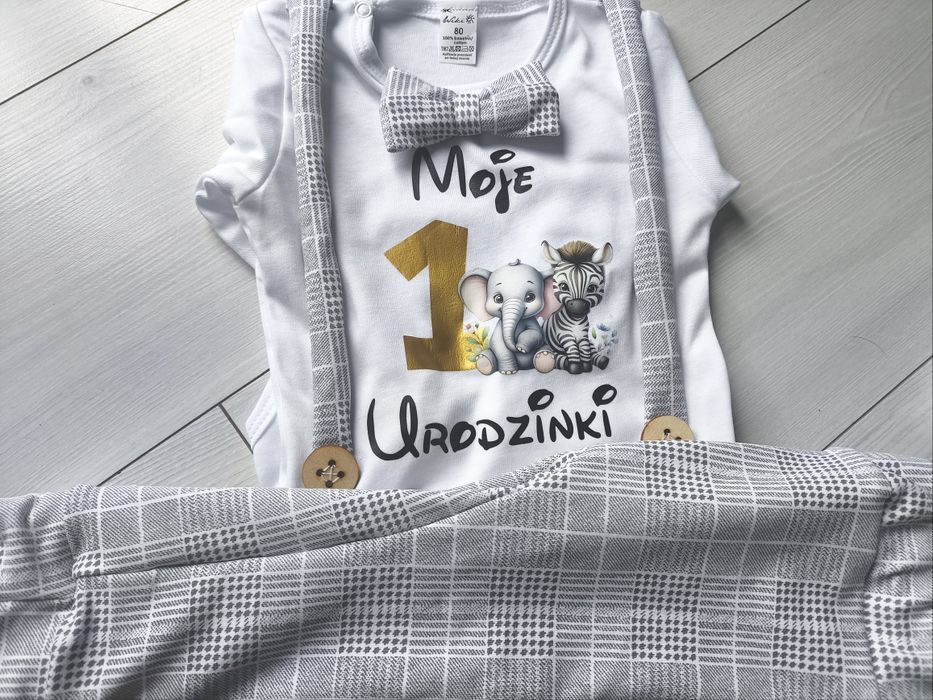 Komplet szara kratka na roczek chłopca safari