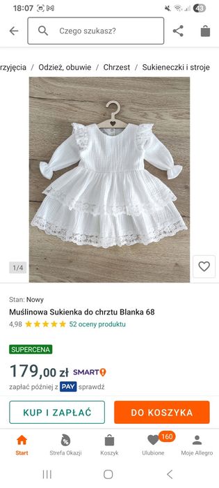 Sukienka chrzest bawełna muślinowa 62/68