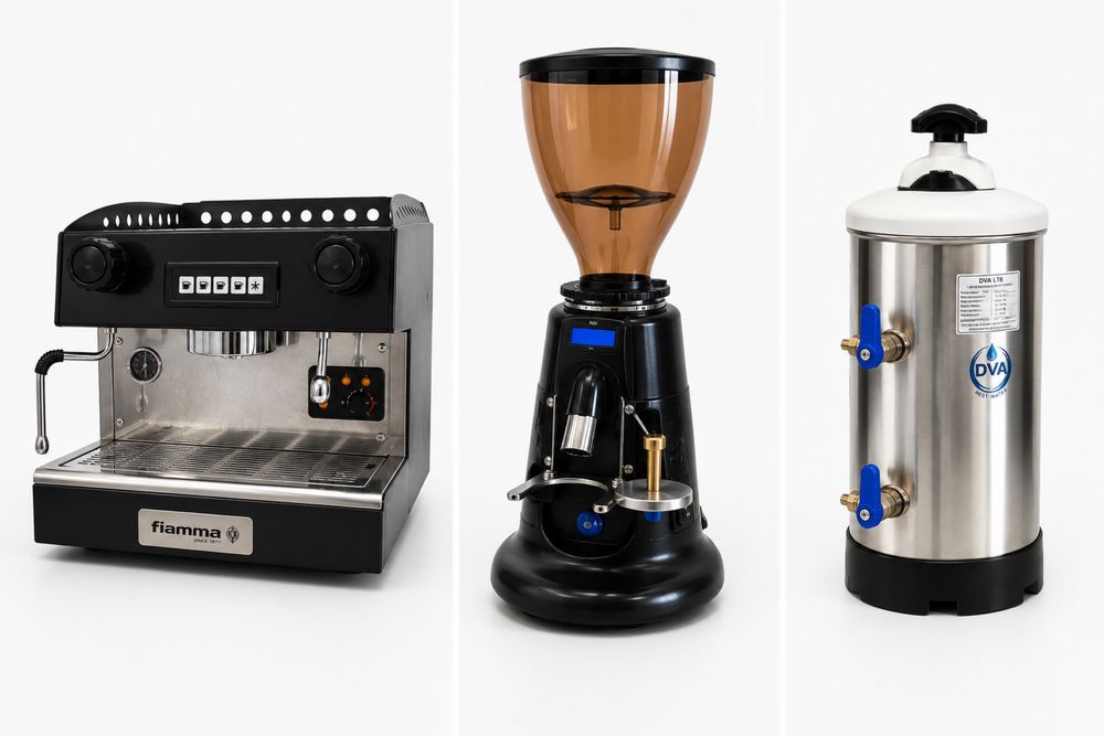 Máquina de café FIAMMA + moinho profissional + descalcificador DVA LT8