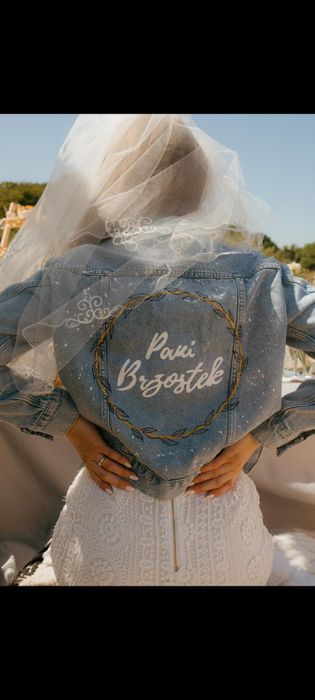 Kurtka jeansowa ślubna Ręcznie malowana katana Custom ślub prezent