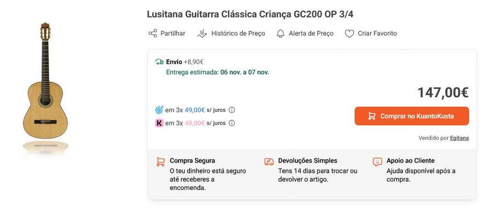 Lusitana Guitarra Clássica Criança GC200 OP 3/4