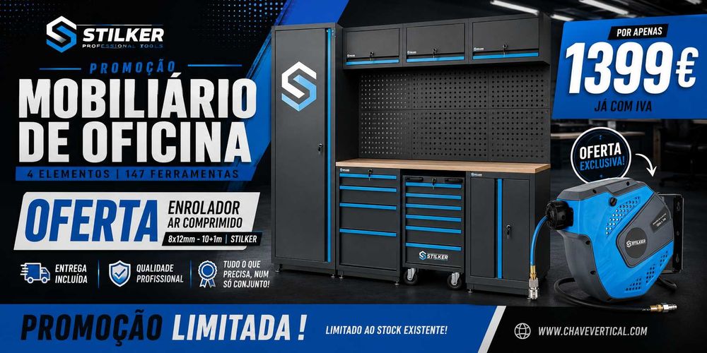 KIT Armário Modular de Oficina 4 Elementos com 147 Ferramentas + Enrolador 10+1 Metros STILKER LL29