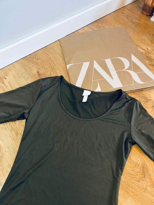 H&M Basic zielona bluzka koszulka t-shirt klasyczna khaki