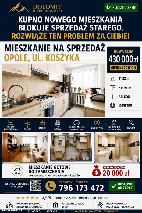 Nowa cena. 2 pokoje | 41,32 m² | Balkon | 10. piętro | ul. Koszyka